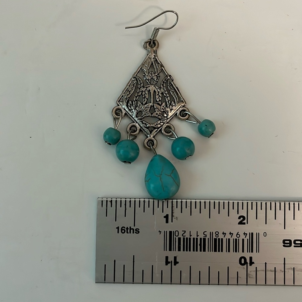 Earrings dangling long turquoise stone triangular shape silver tone metal design - Picture 8 of 9